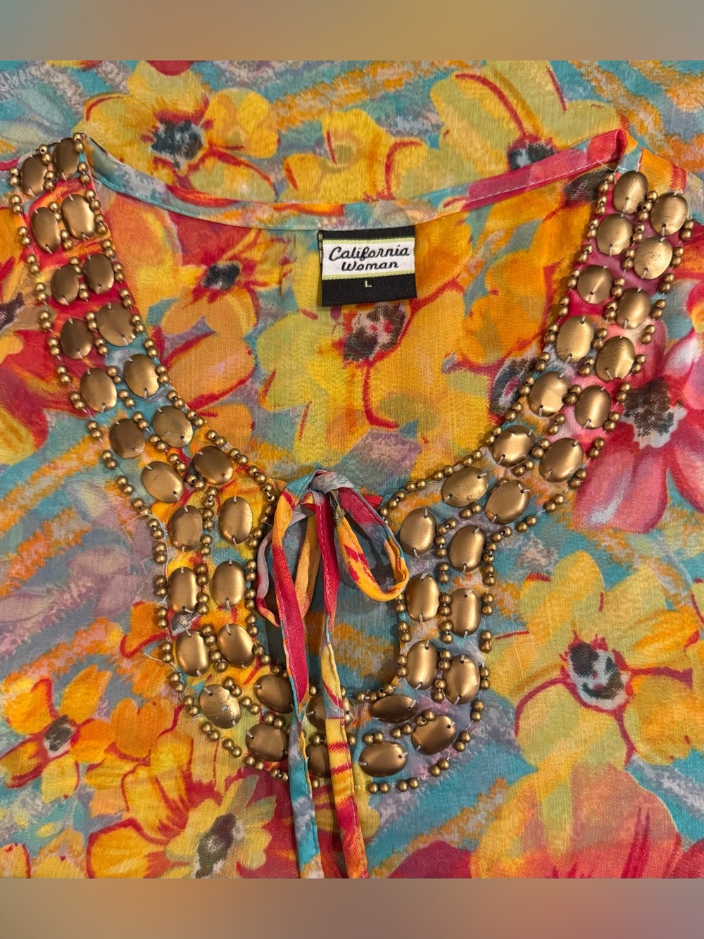 California Women Size Large Lightweight Tunic Tropical Flowers Bronze Metal Bead